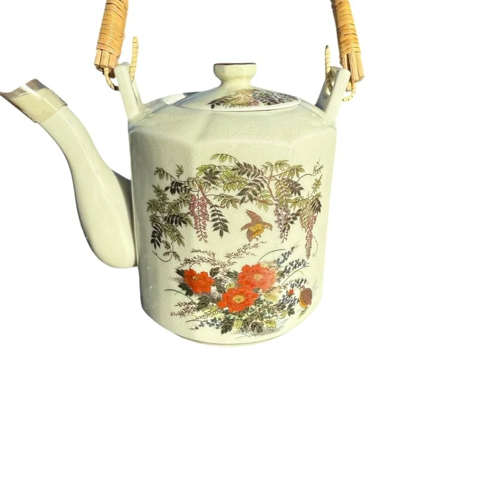 VINTAGE SATSUMA JAPAN PORCELAIN TEAPOT & SIX CUPS SET — FLORAL & BIRD DESIGN